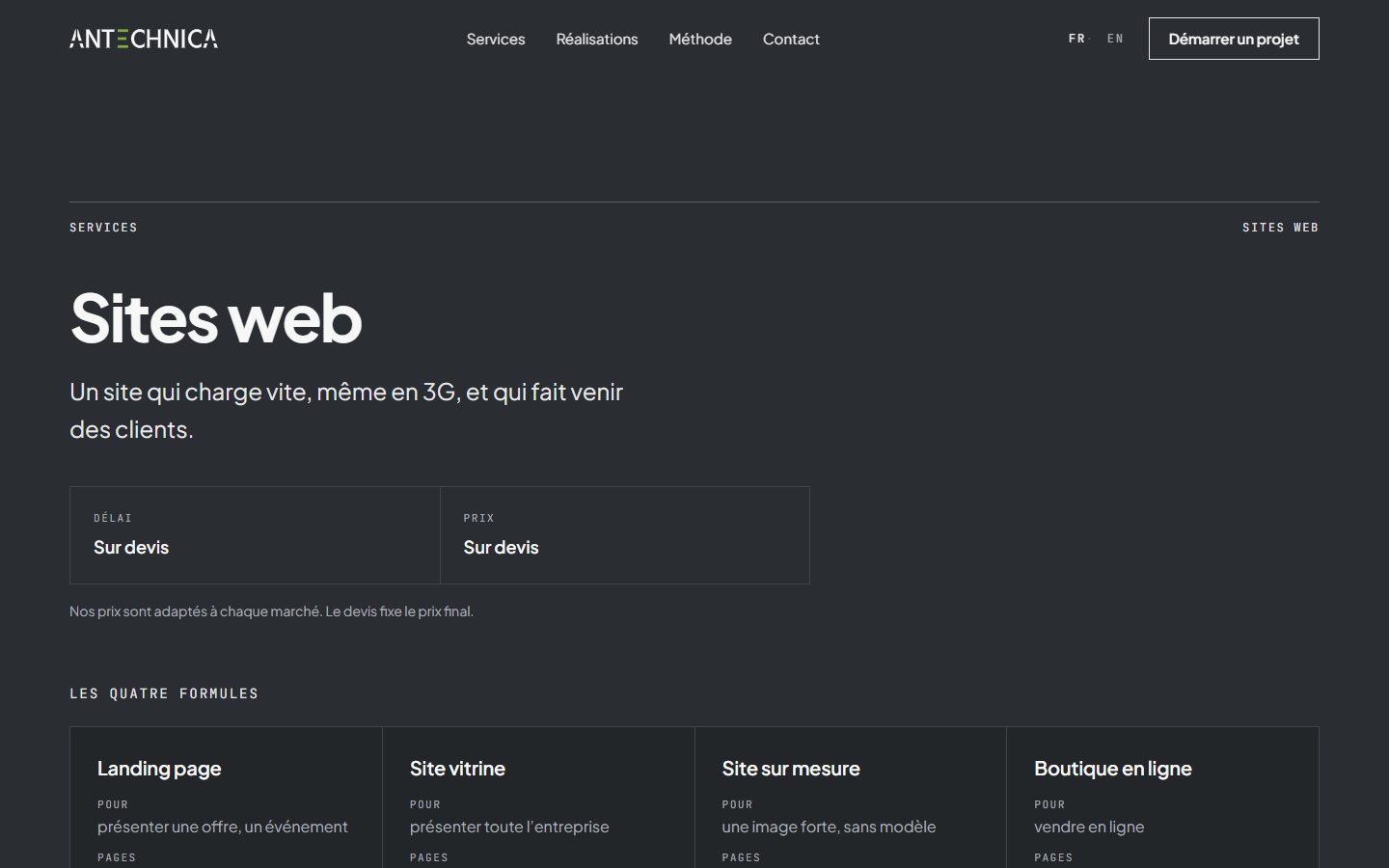 Page de service « Sites web » d’Antechnica, avec ses quatre formules.